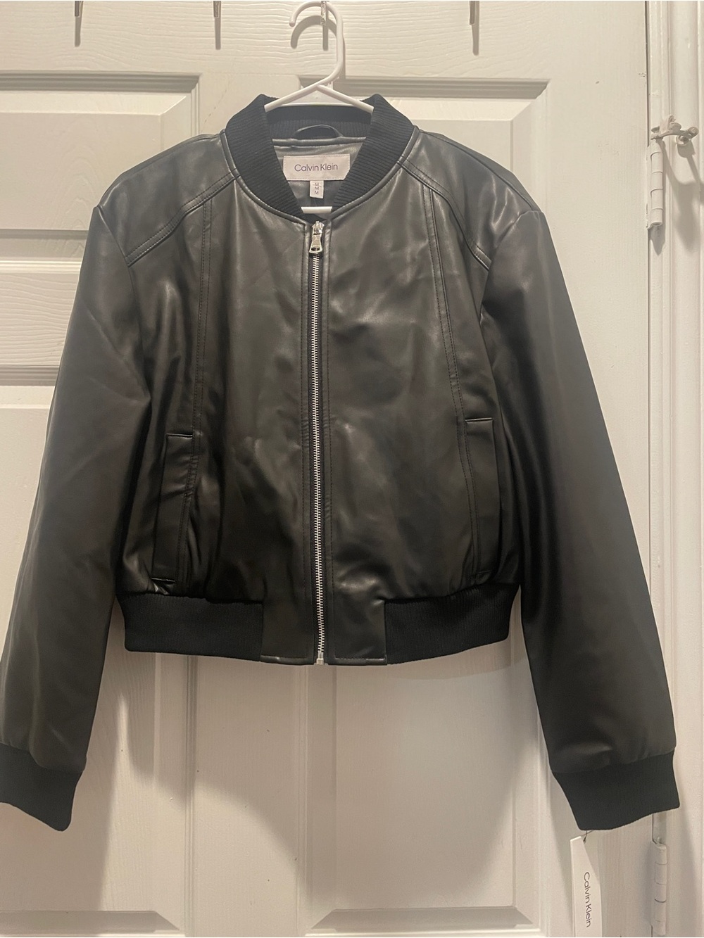 Calvin Klein Black Leather Bomber Jacket - Women's Ribbed Trim